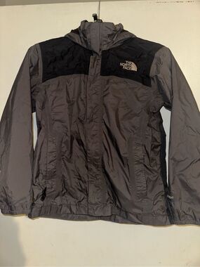 North face Gray black Hyvent Hooded Rain Jacket Double Closure Vented Lining You
